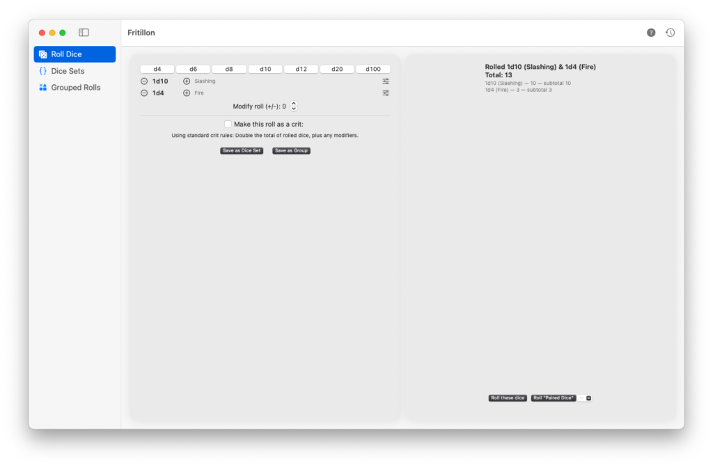 The macOS app, on the Roll Dice tab, showing the results of the latest die roll.