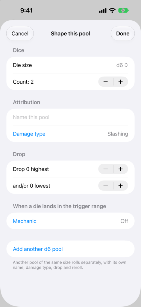 Shape this pool sheet, showing settable options to name the pool, set its damage type, drop high and/or low dice, turn on mechanics like exploding or reroll, and adding another pool of the same die size