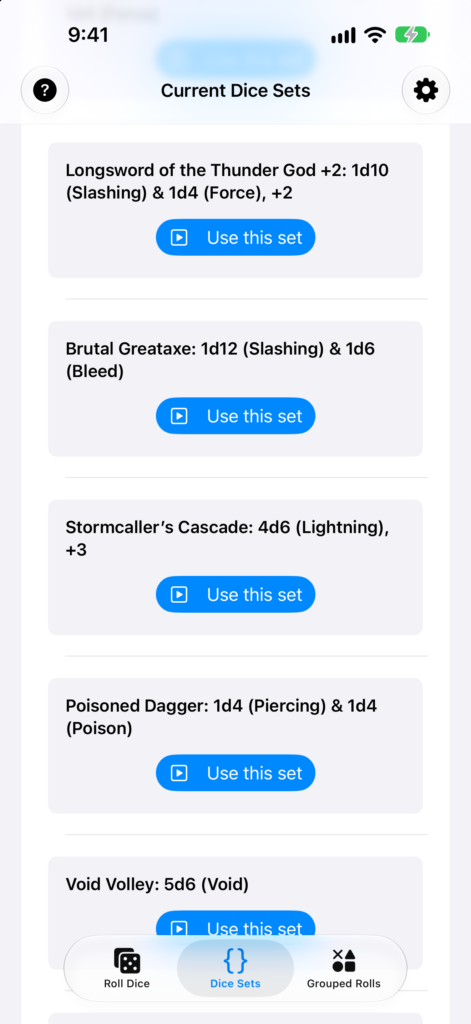 The Dice Sets tab, showing saved Sets ready to roll, including the four starter Sets